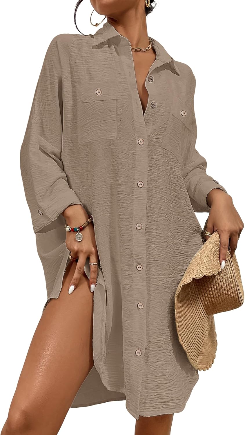 Womens Modern Swimsuit Cover up Blouse Button down Shirt Dresses Tops - mildlymama