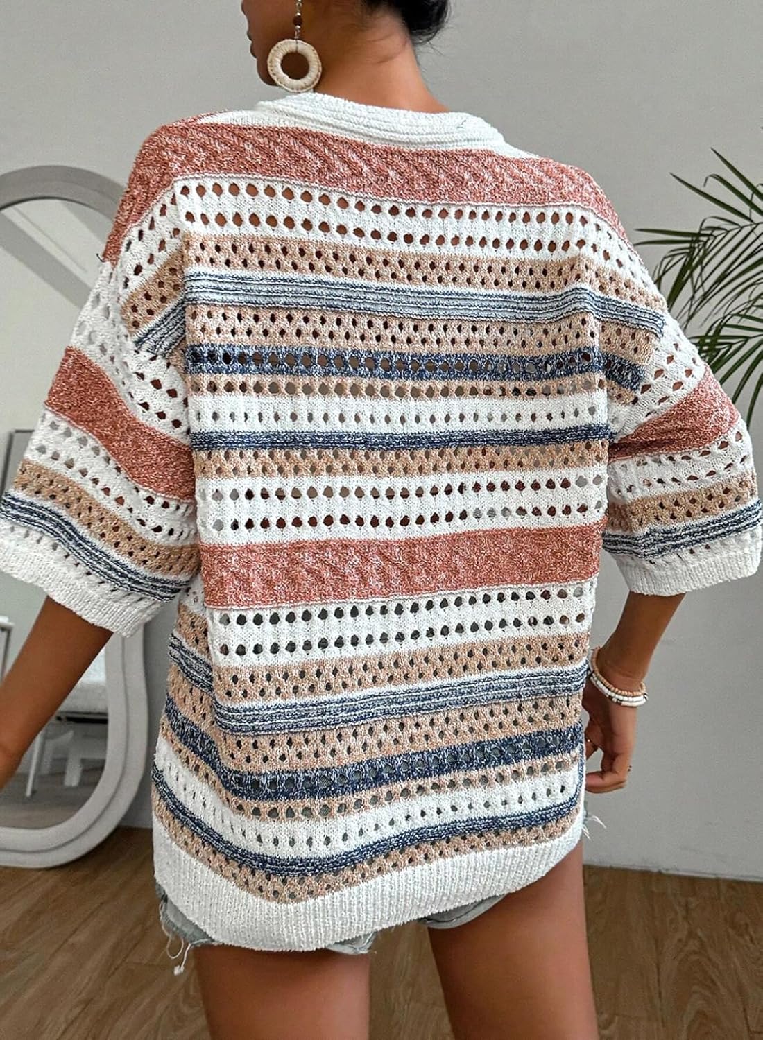 Womens Short Sleeve Crochet Knit Sweater Hollow Out Striped Tops Beach Vacation Cruise Outfits - mildlymama