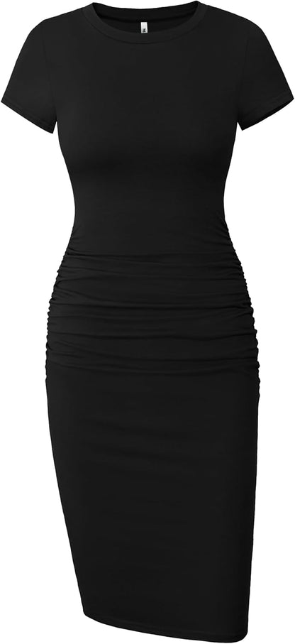 Women'S Short Sleeve Ruched Casual Sundress Midi Bodycon T Shirt Dress - mildlymama