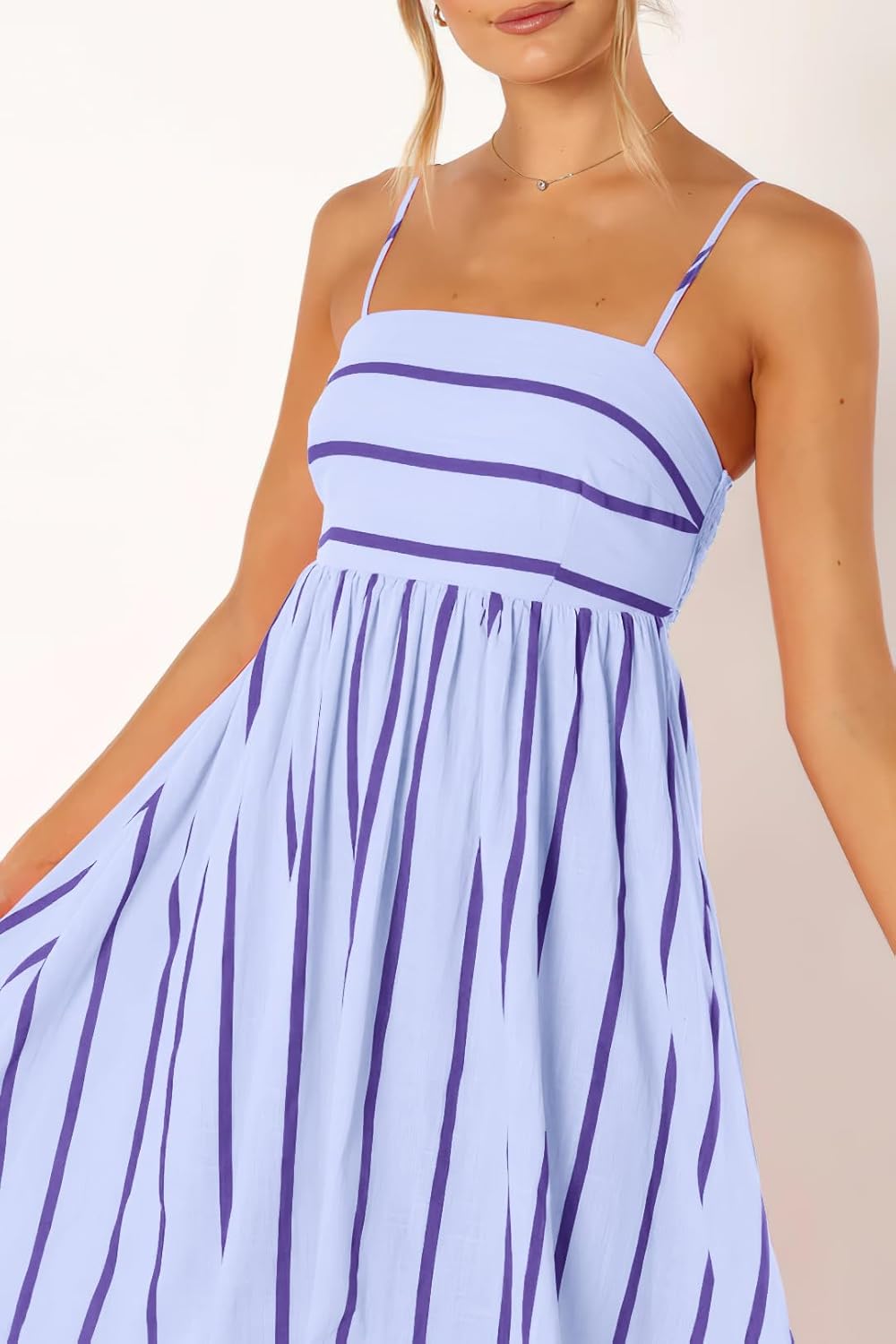 Women'S Striped Back Smocked Maxi Dress Sexy Spaghetti Strap Cut Out Flowy Swing Long Dress - mildlymama