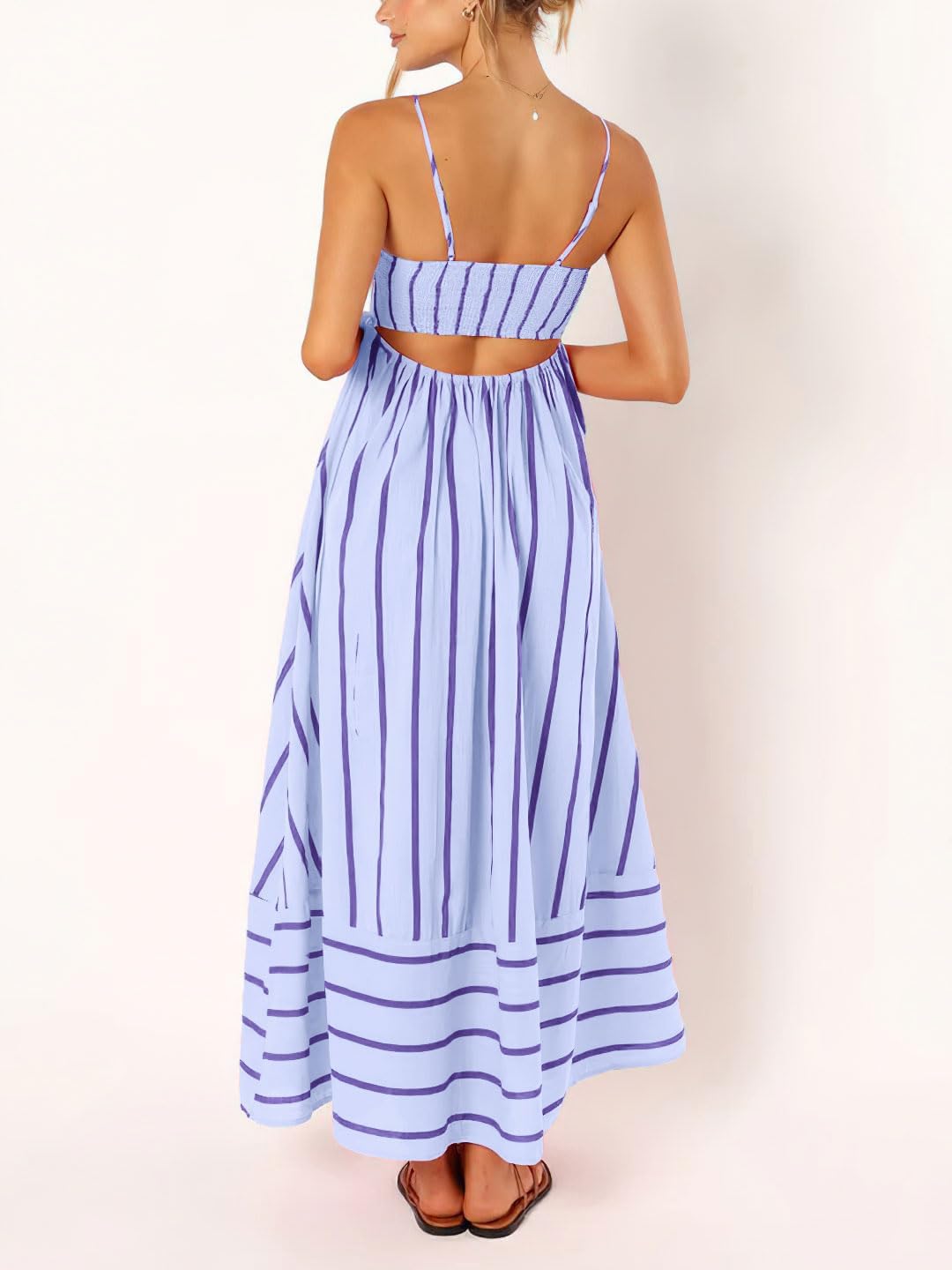 Women'S Striped Back Smocked Maxi Dress Sexy Spaghetti Strap Cut Out Flowy Swing Long Dress - mildlymama