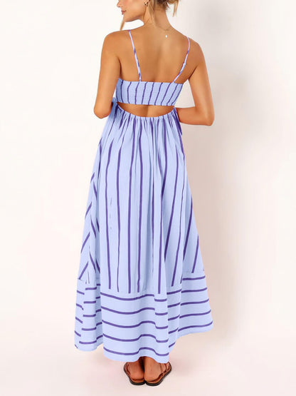 Women'S Striped Back Smocked Maxi Dress Sexy Spaghetti Strap Cut Out Flowy Swing Long Dress - mildlymama