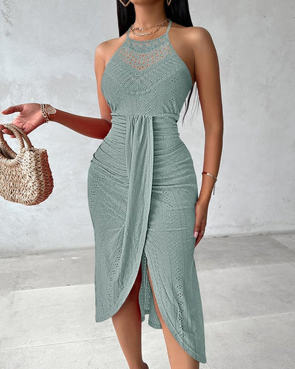 Womens Summer Halter Dress Hollow Out a Line Vacation Dresses with Eyelet Embroidery & Side Slit - mildlymama