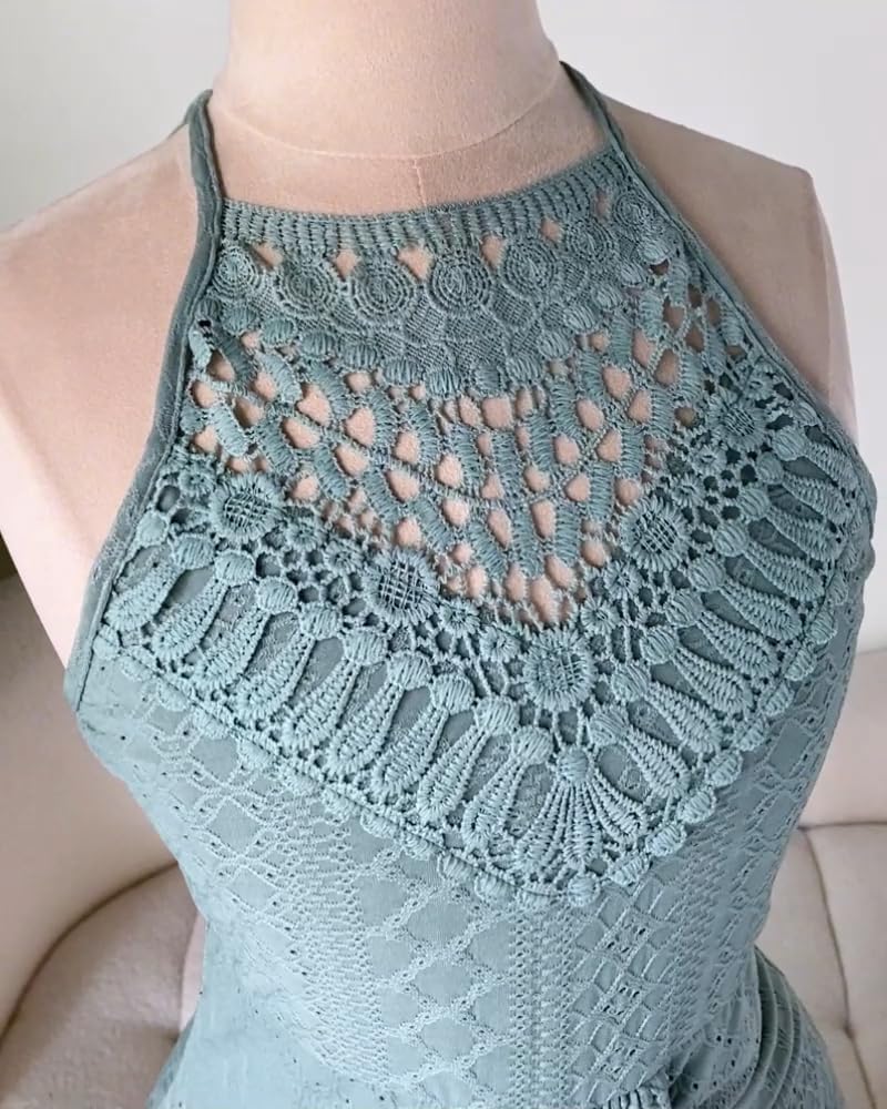 Womens Summer Halter Dress Hollow Out a Line Vacation Dresses with Eyelet Embroidery & Side Slit - mildlymama
