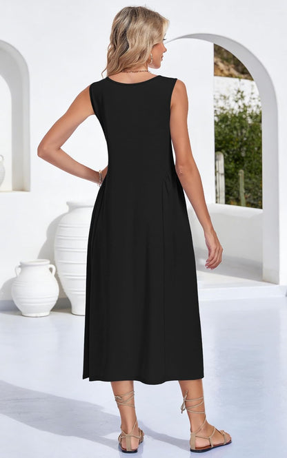 Women'S Summer Maxi Dress 2026 Buttons Long Dress A - Line Pleated Flowy Sundress Beach Vacation Shirt Dress with Pocket - mildlymama