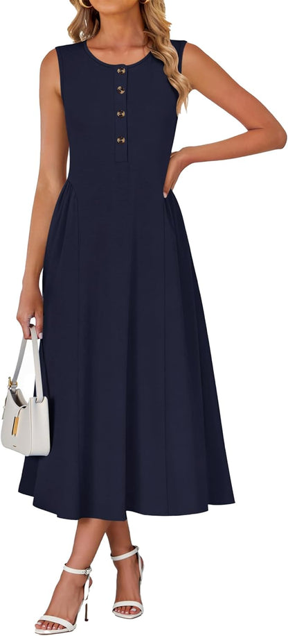 Women'S Summer Maxi Dress 2026 Buttons Long Dress A - Line Pleated Flowy Sundress Beach Vacation Shirt Dress with Pocket - mildlymama