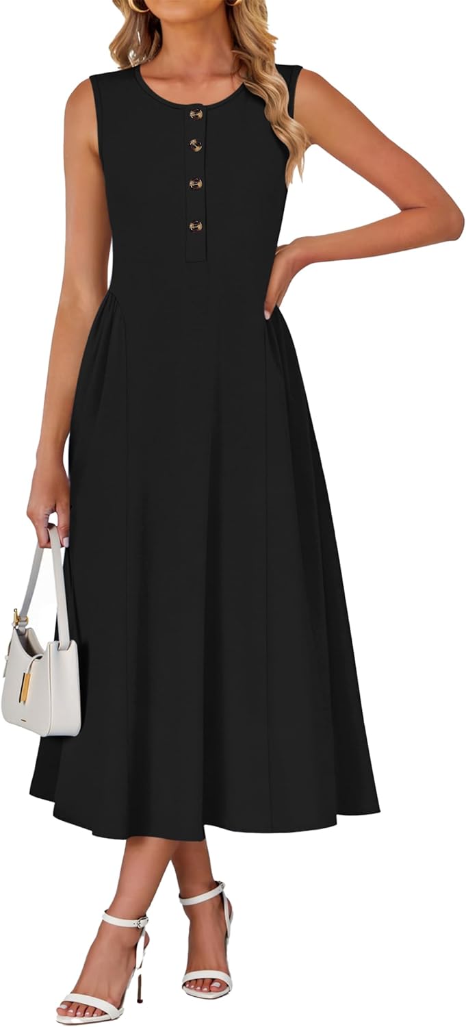 Women'S Summer Maxi Dress 2026 Buttons Long Dress A - Line Pleated Flowy Sundress Beach Vacation Shirt Dress with Pocket - mildlymama
