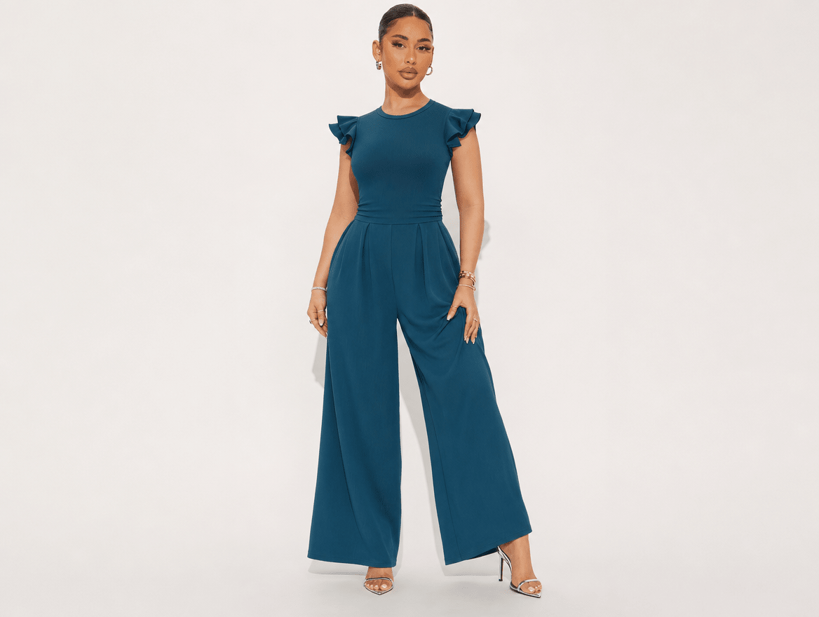 Wren | Ribbed Knit Ruffle Cap Sleeve Wide Leg Jumpsuit - mildlymama