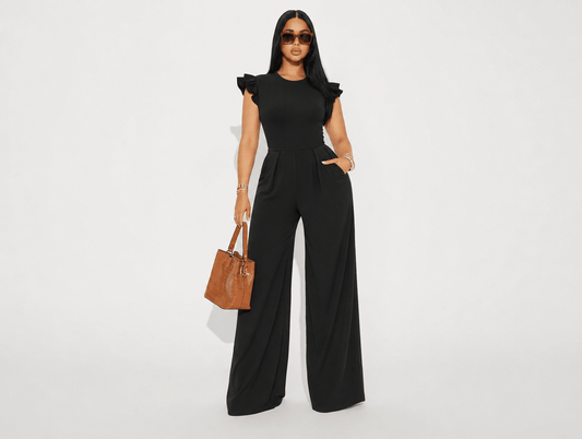 Wren | Ribbed Knit Ruffle Cap Sleeve Wide Leg Jumpsuit - mildlymama